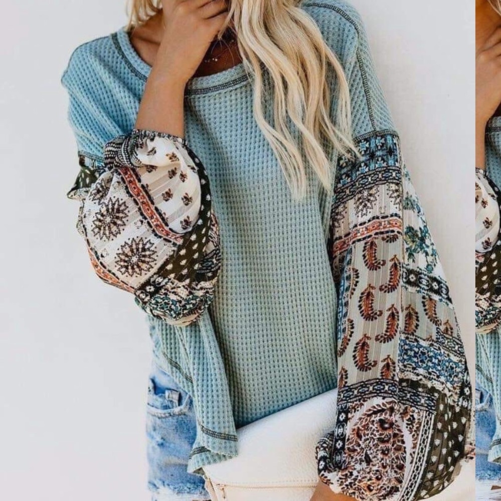 Light Blue With Paisley Sleeves Top